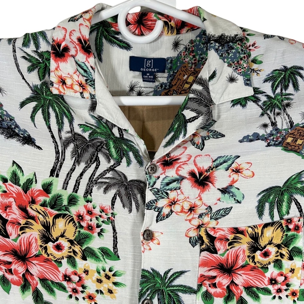 George Mens Tropical Floral Rayon Hawaiian Button Up Shirt White Size M 38-40